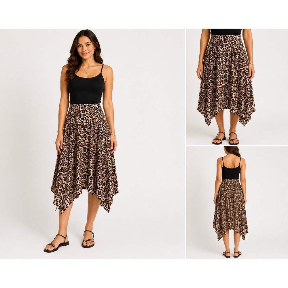 I.N. Studio Animal Print Midi Skirt Petite Medium Handkerchief Hem Pull On